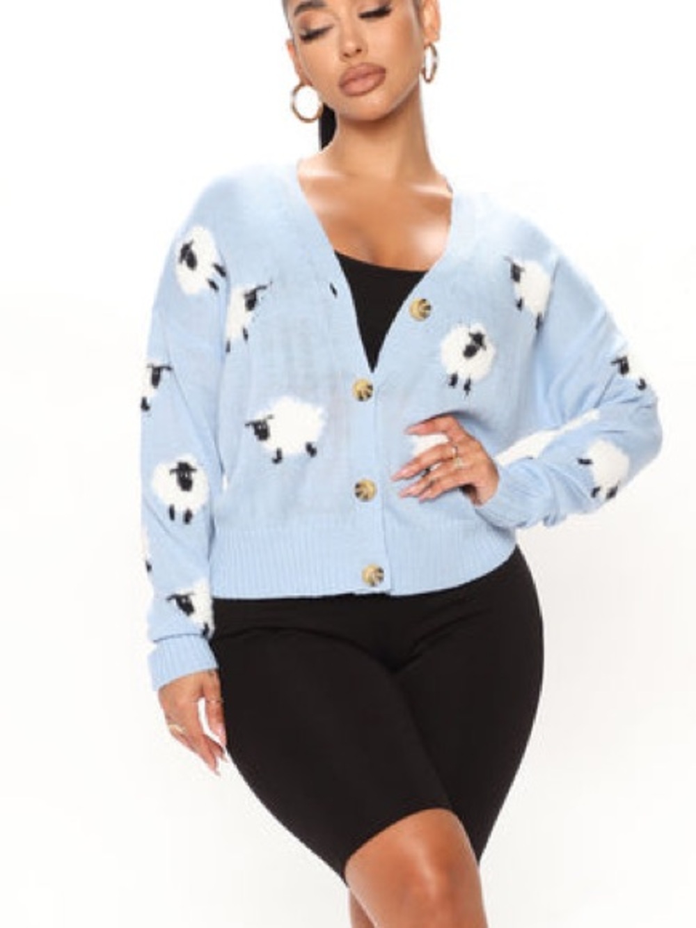 Ultra Flirt Light Blue Sheep Print V Neck Button Cardigan Cropped Womens XL